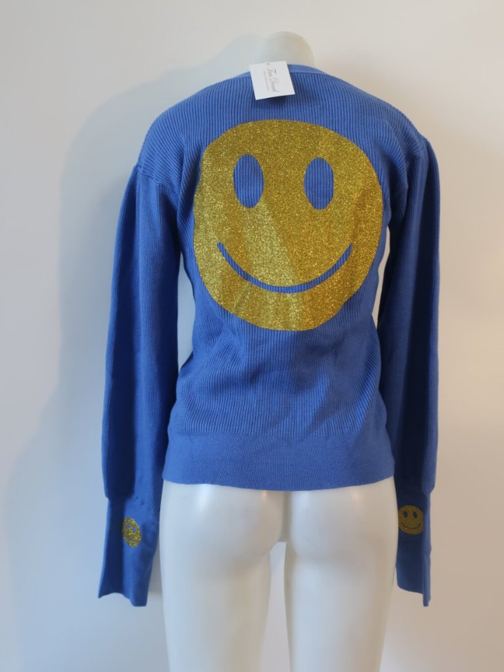 NWT Womens Moving Forward Blue Ribbed Metallic Gold Smiley Cardigan Sweater M